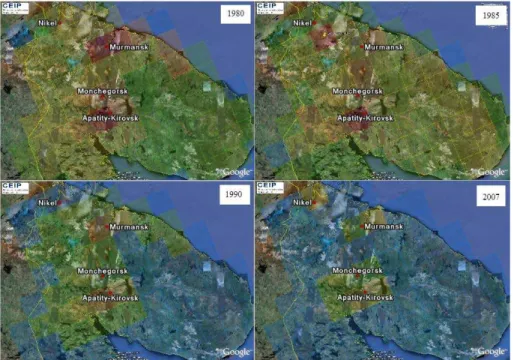 Fig. 2. The original EMEP emission for 1980–2007, WebDab status 2010. The 50 km grid cells are shown with the colours reflecting the SO x emission: blue ≤ 0.1 kT SO 2 yr −1 , green≤1 kT SO 2 yr −1 , yellow≤10 kT SO 2 yr −1 , orange≤100 kT SO 2 yr −1 , red&