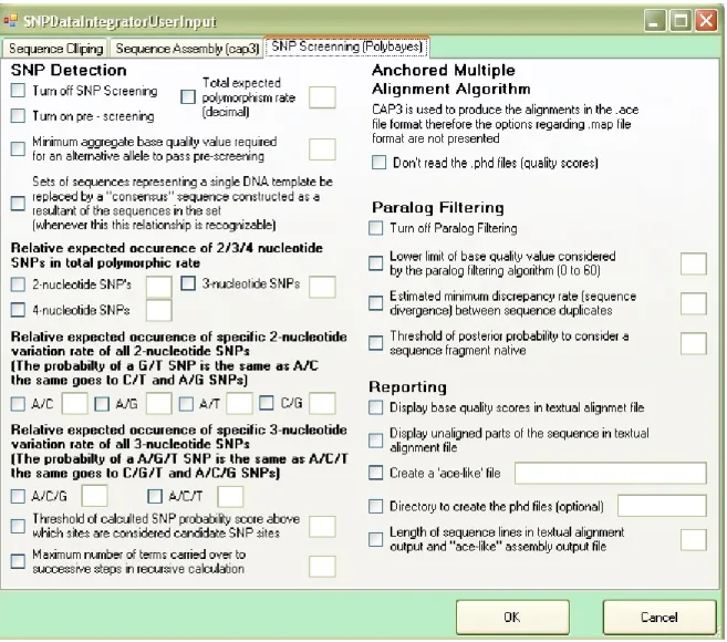 Figure 10 – The Input Form, the application identifies the sequences selected (text files and quality scores),  asks for the “vector extremities”, the input parameters for CAP3 and PolyBayes, after which runs the CAP3  and PolyBayes with the input paramete