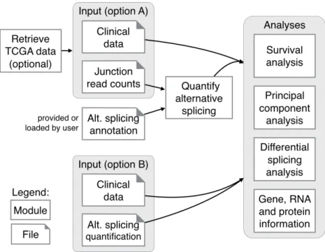 Figure 4.2: Logical view. The user has three options of data input: to retrieve TCGA data within the program, with the annotation of alternative splicing events either loaded by the user or provided by the program (a);