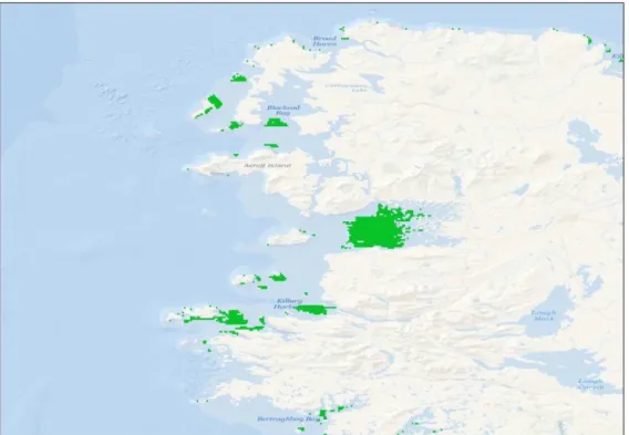 Figure 7. Potential offshore aquaculture sites (green) off the west coast of Ireland.