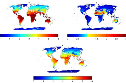 Fig. 2. Long-term averages (July 1983–June 2002). Top left: energy balance evaporation rate E r (mm day − 1 ) computed by radiation transfer models