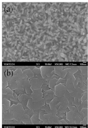 Fig. 3.  FE-SEM images of ZnO nanorods: (a) 0.04 M,  (b) 0.1 M for 90 min. 