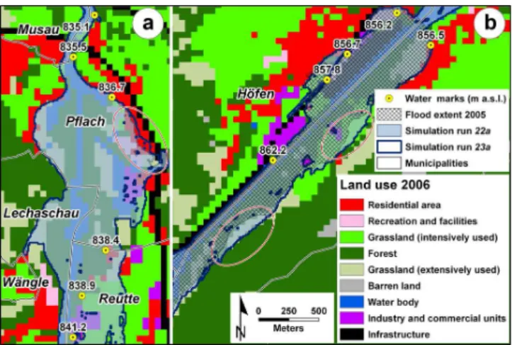 Fig. 3. Relative frequencies of the water depths (within a 10 cm interval) in August 2005, simulated by the two hydraulic-simulation runs “22a” (dike heights as in 2005) and “23a” (dike heights as in 2005 but considering dike breaches)