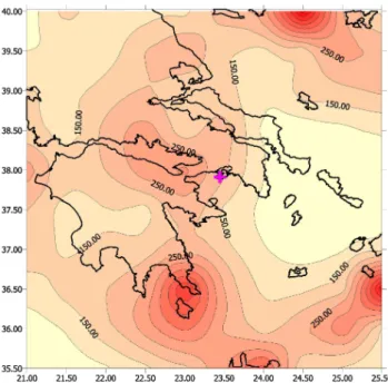 Fig. 8. Contour map of expected maximum peak ground acceler- acceler-ation (cm s −2 ) with 90% pnbe during 50 years for the Shield  re-gional working area of Revithoussa: NTP model (Data: 1900–1999, M S ≥ 5.5; see modifications to Eq
