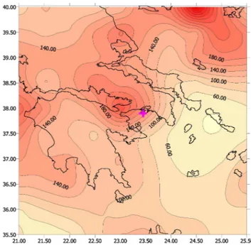 Fig. 6. Contour map of expected maximum peak ground acceler- acceler-ation (cm s −2 ) with 90% pnbe during 50 years for the Shield  re-gional working area of Revithoussa: MB model (Data: 1900–1999, M S ≥ 5.5; see Eq