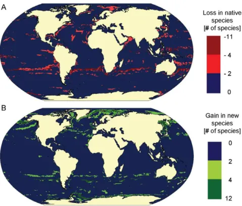 Figure 5. Projected effects of climate change on marine mammal species richness. Projected changes in overlap of optimal habitat across all species from 1990–1999 to 2040–2049 using the IPCC-A1B climate change scenario (0.5u 6 0.5u grid cells) A