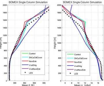 Figure 1. BOMEX liquid water potential temperature (left) and to- to-tal water (right) profiles averaged over hours 3–6