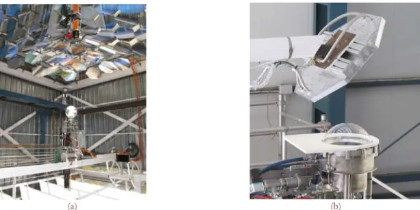 Figure 2: Examples of glass components of CSP systems at PSA-CIEMAT. a) Aspect of the solar concentrator and reaction chamber  of SF-5 solar furnace; b) Aspect of the MiniVac chamber installed at the focal spot of the new SF-40 solar furnace; a 45º incline