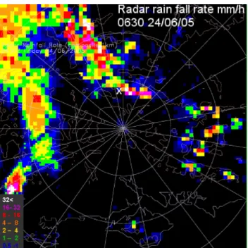Fig. 3d. Composite weather radar rainfall for the 24 June 2005 at 07:15 UTC. The white cross indicate Linkenholt site