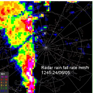 Fig. 5a. Composite weather radar rainfall for the 24 June 2005 at 12:45 UTC. The white cross indicate Linkenholt site