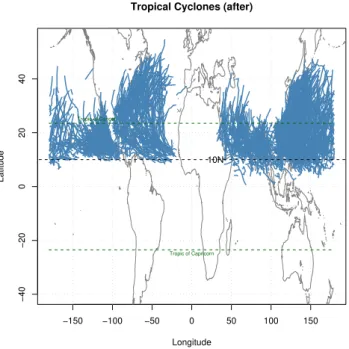 Fig. 2. Map showing the geographical distribution of the North- North-ern Hemisphere tropical cyclones (cyclones in the SouthNorth-ern  Hemi-sphere were not included in the data set and are hence not shown).