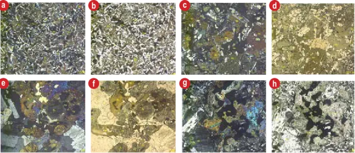 Figura 7 Microfotografias do plutão gabróico de Candua, Libolo: (a), (b) Dolerito com cristais alongados de plagioclases envolvendo os  cristais de piroxenas em uma textura ofítica