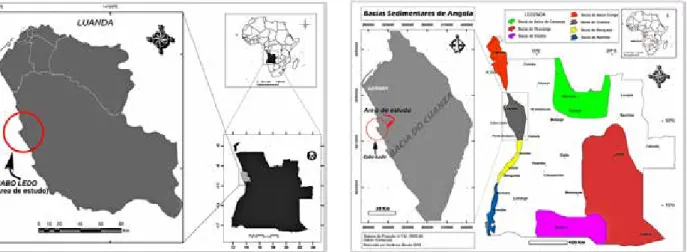 Figura 1: Localização da área de estudo (Diva Gis, 2013). Figura 2: Bacias sedimentares de Angola, com destaque da  bacia do Cuanza (WEC 1991)