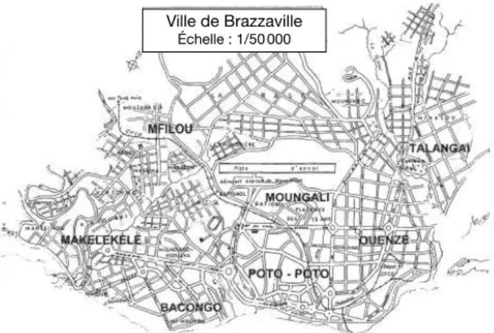 Figure 1. Carte de la ville de Brazzaville avec localisation  des 7 arrondissements —  Map of the city of Brazzaville  showing the 7 districts.