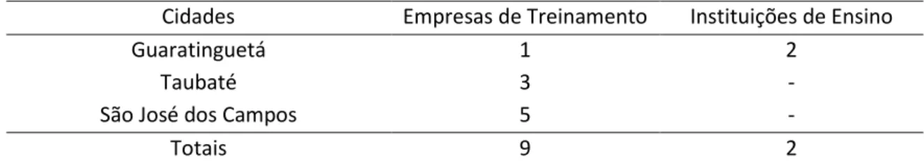 Tabela 1 – Localização das Empresas de Treinamento e Instituições de Ensino  Cidades  Empresas de Treinamento  Instituições de Ensino 