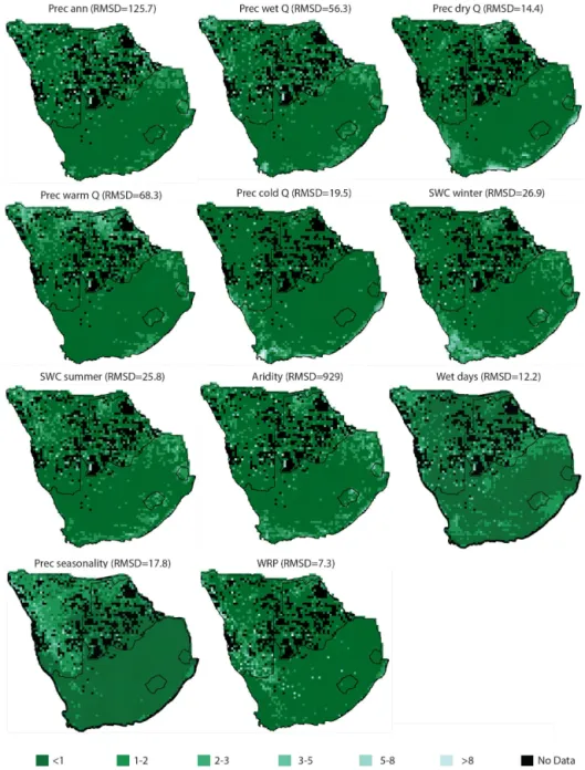 Figure 6. Geographical distributions of the normalized anomalies of the reconstructions of moisture-like variables (Eq