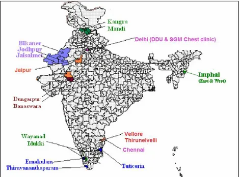 Figure 1. Districts selected for the study. Distribution of districts in each strata: Hilly - Kangra, Mandi, Imphal (East and West), Wayanad, Idukki, Coastal - Tuticorin, Thiruvananthapuram, Emakulam, Plain - Jaipur, Vellore, Thirunelveli, Desert - Bikaner