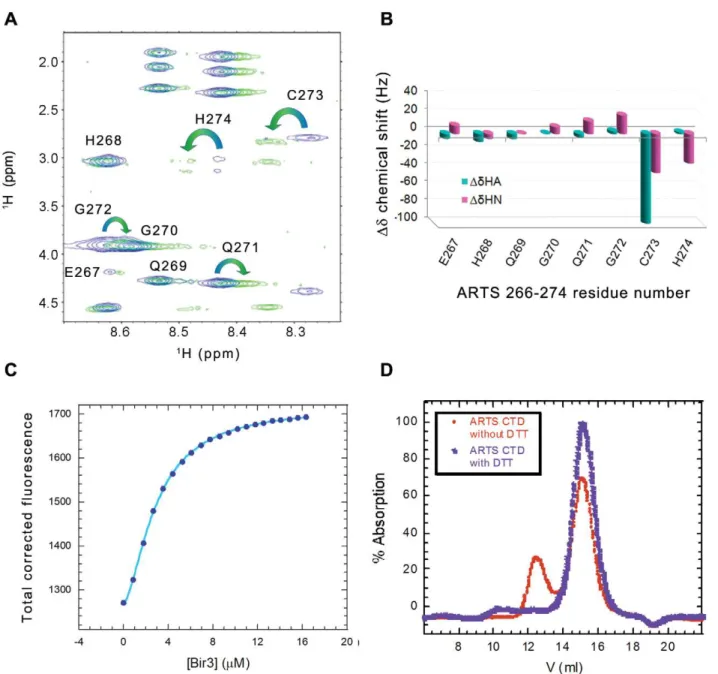 Figure 6. Dimer formation by the ARTS CTD peptide. A and B: NMR analysis of the oxidized versus non-oxidized ARTS 266–274
