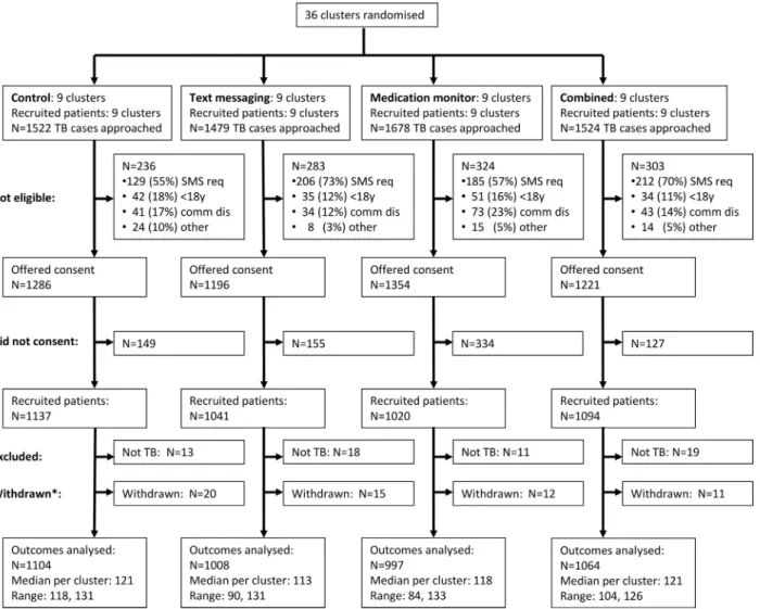 Fig 1. Cluster-level CONSORT diagram. Reasons for non-eligibility: SMS req = unable to use mobile phone after training; < 18y = less than 18 y of age;