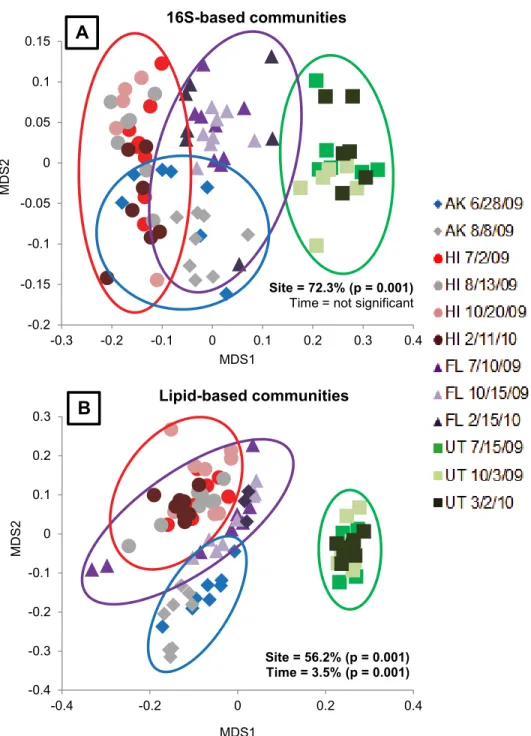Fig 3. Microbial community variation across sites at all time points using NMDS ordination