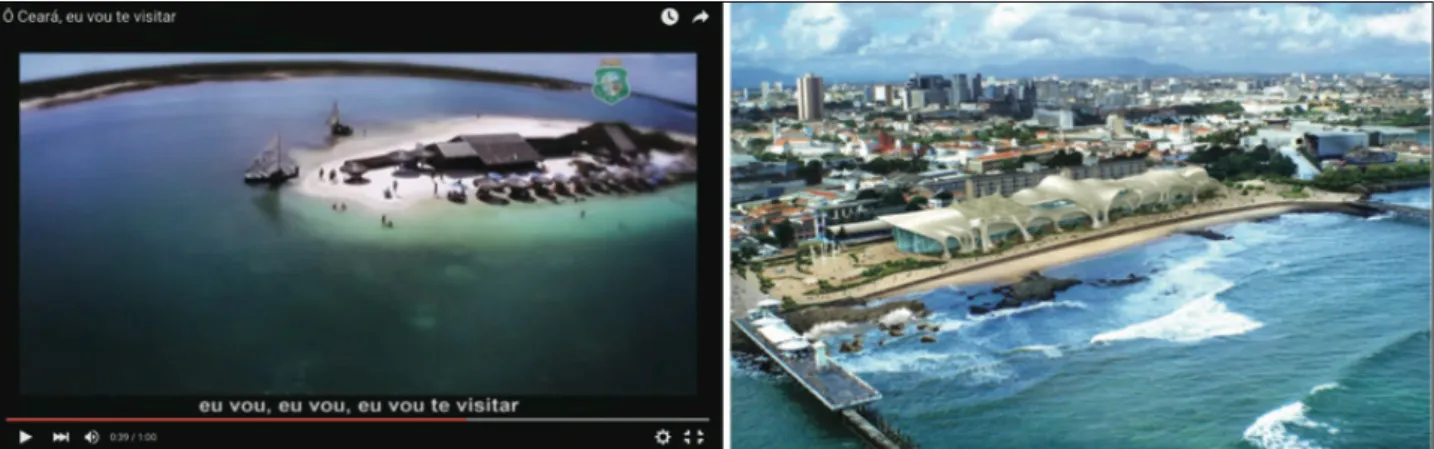 Figura 2: À esquerda um frame do vídeo “Ô Ceará, eu vou te visitar” do canal do Youtube do Go- Go-verno do Estado do Ceará, à direita simulação 3D do “Acquário Fortaleza.