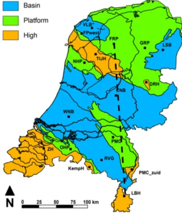 Figure 1. Structural elements in the Dutch subsur- subsur-face. LBH = Limburg High, RVG = Ruhr Valley Graben, KempH = Kempisch High, ZH = Zeeland High, OHP = Oosterhout Platform, PMC = Peel-Maasbommel, PMC_zuid =  Peel-Maasbommel High, WNB = West Netherlan