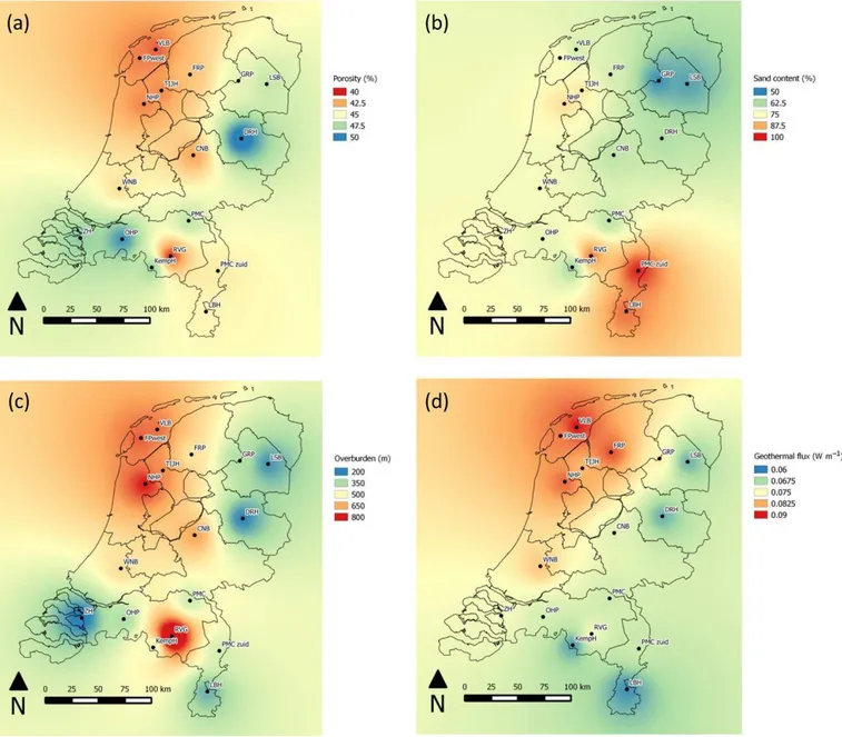 Figure 2. (a) Averaged mid-depth porosity variability of the post-Rupelian overburden, (b) distribution of the average sand content in the post-Rupelian overburden, (c) depth of the top of the Rupel Formation, also representing the thickness of the overbur