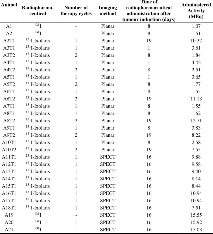 Table 2: Mouse Identification and Therapy Information: AxTx index, where A corresponds to the  word Animal and x follows the cardinal numbering