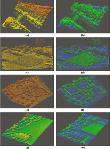 Figure 5. Experimental results of the airborne LiDAR dataset. (a)  The source point cloud, and (b) the vegetation removal result of 