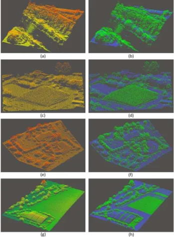Figure 5. Experimental results of the airborne LiDAR dataset. (a)  The source point cloud, and (b) the vegetation removal result of 