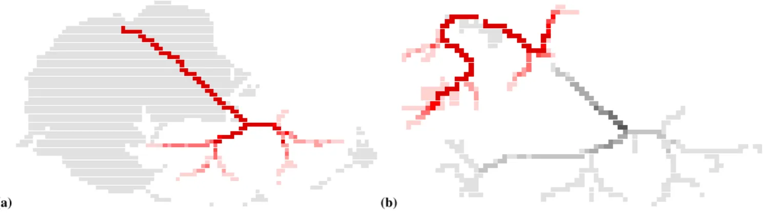 Fig. 6. First singular vectors (i.e. (a) v 1 and (b) v 2 ) in the parameter space for the roughness coefficient n (red color ramp for positive components and gray for negative).