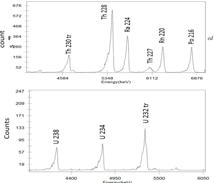 Figure 2 :  Alpha spectrum showing the characteristic peaks for the isotopes in the  232 Th series for  the agitated leaching sample, using  230 Th as a tracer 