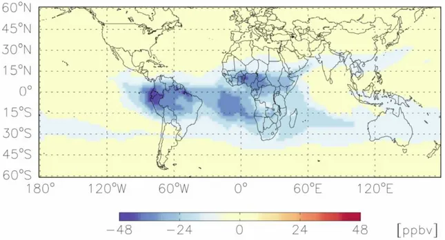 Fig. 9. Difference between the GEOS-Chem ozone distribution with a posteriori emissions without and with lightning at 7.8 km.