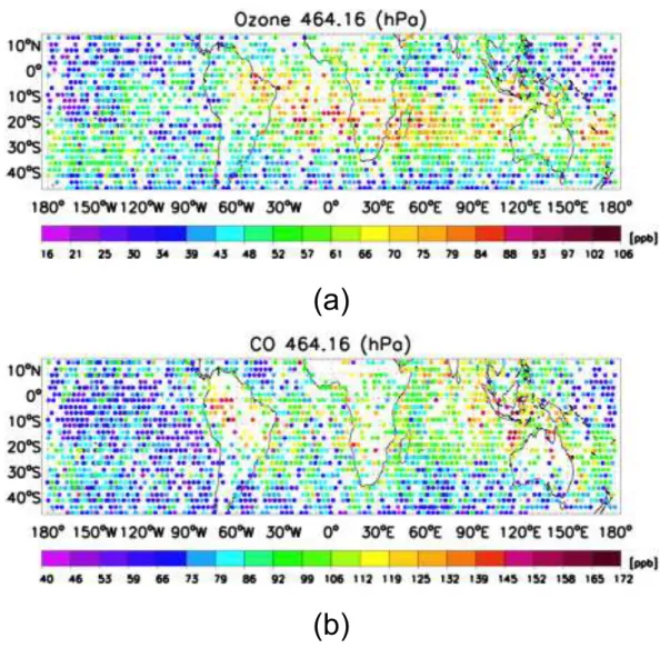 Fig. 2. (a) TES ozone estimates and (b) TES CO at 464.14 hPa from 4–16 November 2004 using V002 data.
