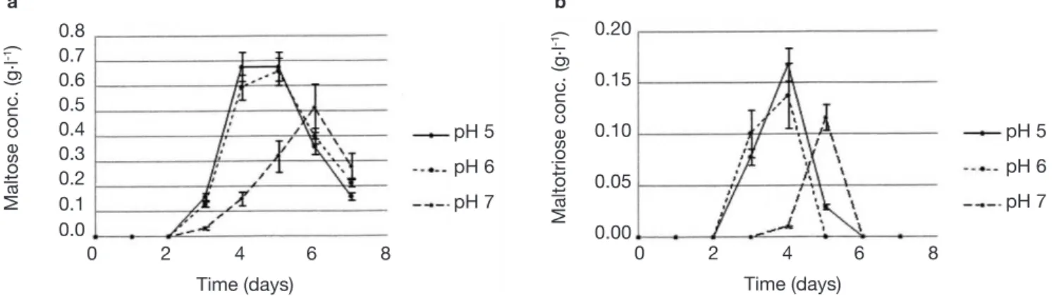 Figure 6. Evolution of maltose (a) and maltotriose concentrations (b) in the cultures of Poterioochromonas sp