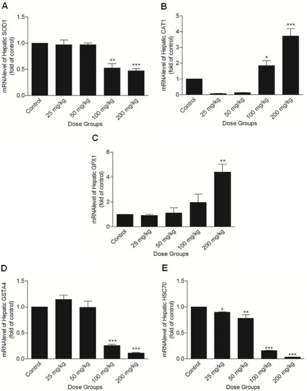 Figure 4. Quantitative real time PCR analysis of stress regulated genes. (A) SOD1, (B) CAT, (C) GPx1, (D) GSTA4, and (E) Hsc70 mRNA levels in the liver of mice treated with different doses of Apigenin (Control, 25, 50, 100 and 200 mg/kg)