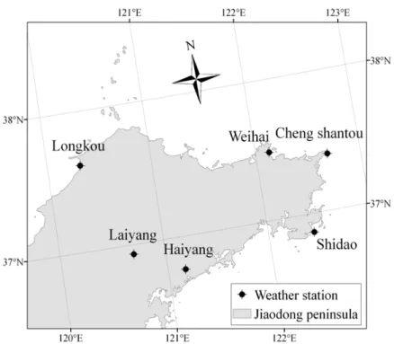Fig. 1:  Location of rain gauge stations in Shandong peninsula  Table 1: Details of location of rain gauge stations and precipitation statistics at six stations 