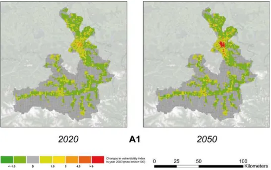 Figure 3. Change of vulnerability value within the A1 scenario to the reference year 2000.