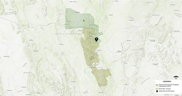 Figura 1: Localização da Comunidade de Remanso e limites da APA Marimbus Iraquara e Parque Nacional da Chapada  Diamantina