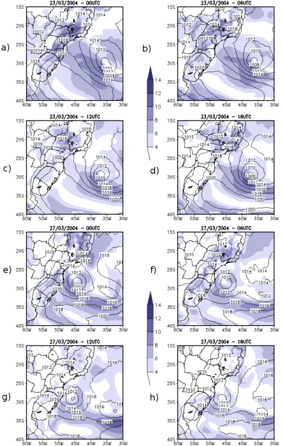 Fig. 2. SLP fields (hPa, solid lines) and V10m (in ms − 1 , shading) from Eta reanalyses on: (a) 03/23/2004 at 00:00 UTC, (b) 03/23/2004 at 06:00 UTC, (c) 03/23/2004 at 12:00 UTC, (d) 03/23/2004 at 18:00 UTC, (e) 03/27/2004 at 00:00 UTC, (f) 03/27/2004 at 