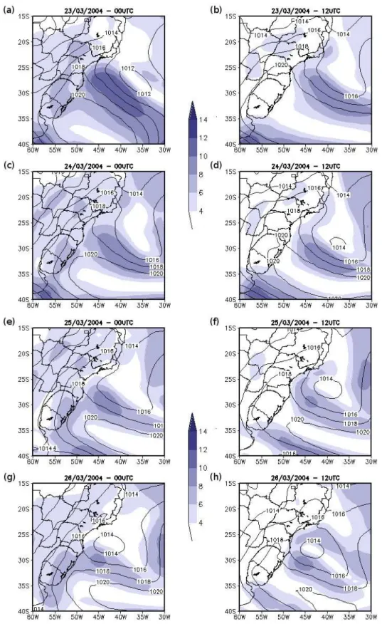 Fig. 4. SLP (solid lines, in hPa) and wind at first sigma level (shading in ms − 1 ) 24-h CPTEC/AGCM forecasts valid for: (a) 03/23 at 00:00 UTC, (b) 03/23 at 12:00 UTC, (c) 03/24 at 00:00 UTC, (d) 03/24 at 12:00 UTC, (e) 03/25 at 00:00 UTC, (f) 03/25 at 1
