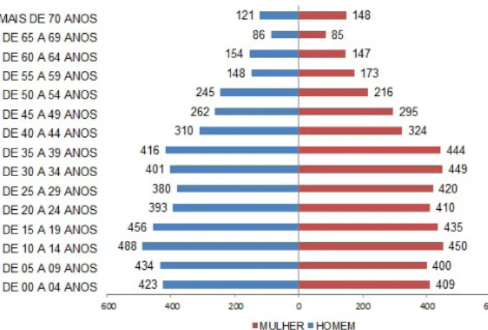 Figura 2: Pirâmide etária da população do bairro de São Tomé de Paripe, Salvador(BA) Nota: elaboração do autor com dados do IBGE (Censo Demográfico, 2010).