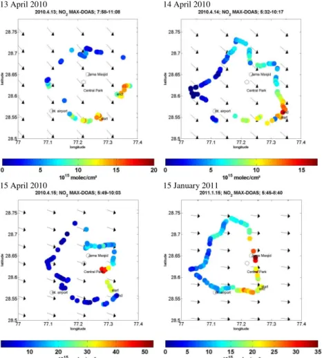 Fig. 4. Tropospheric NO  VCDs derived from car MAX-DOAS observations around Delhi on 