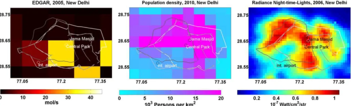 Fig. 6. Spatial distribution of the NO x emissions from the EDGAR data base (left), of the population density (center), and the night-time lights (right) for the selected Delhi area (see Fig