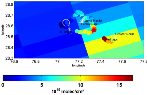 Fig. 8. Comparison of the tropospheric NO 2 VCDs on 14 April 2010 measured from OMI and car MAX-DOAS