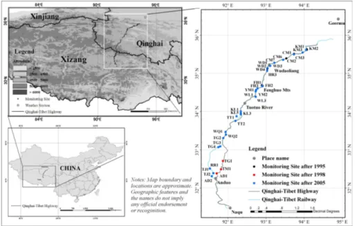 Fig. 1. Monitoring network Along the Qinghai-Xizang (Tibet) Railway and Highway.