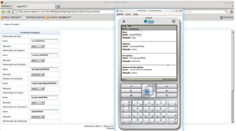 Figura 2: Exemplo das duas interfaces (web e dispositivos  móveis) desenvolvidas apresentando as informações do perfil  de um professor.