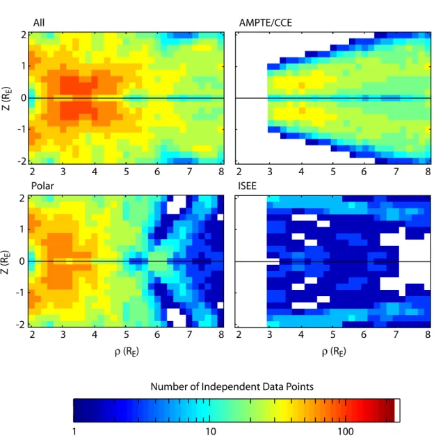 Fig. 2. Data coverage in the midnight plane for −40 nT&gt;D st *&gt; − 60 nT for all data sets and for Polar, ISEE and CCE separately.