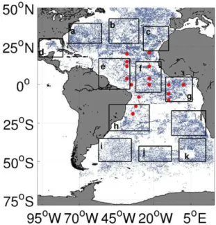 Figure 4. Locations of the 47 999 valid Argo profiles (blue dots) as- as-similated and also used to validate the prior state of each experiment from 2010 to 2012 in the model domain (100 ◦ W–20 ◦ E, 78 ◦ S–