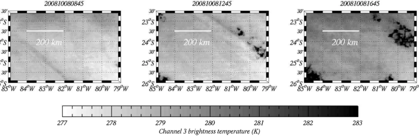 Fig. 3. GOES10 channel 3 brightness temperature imagery of gravity waves initiating POCs (Allen et al., 2012, adapted from)